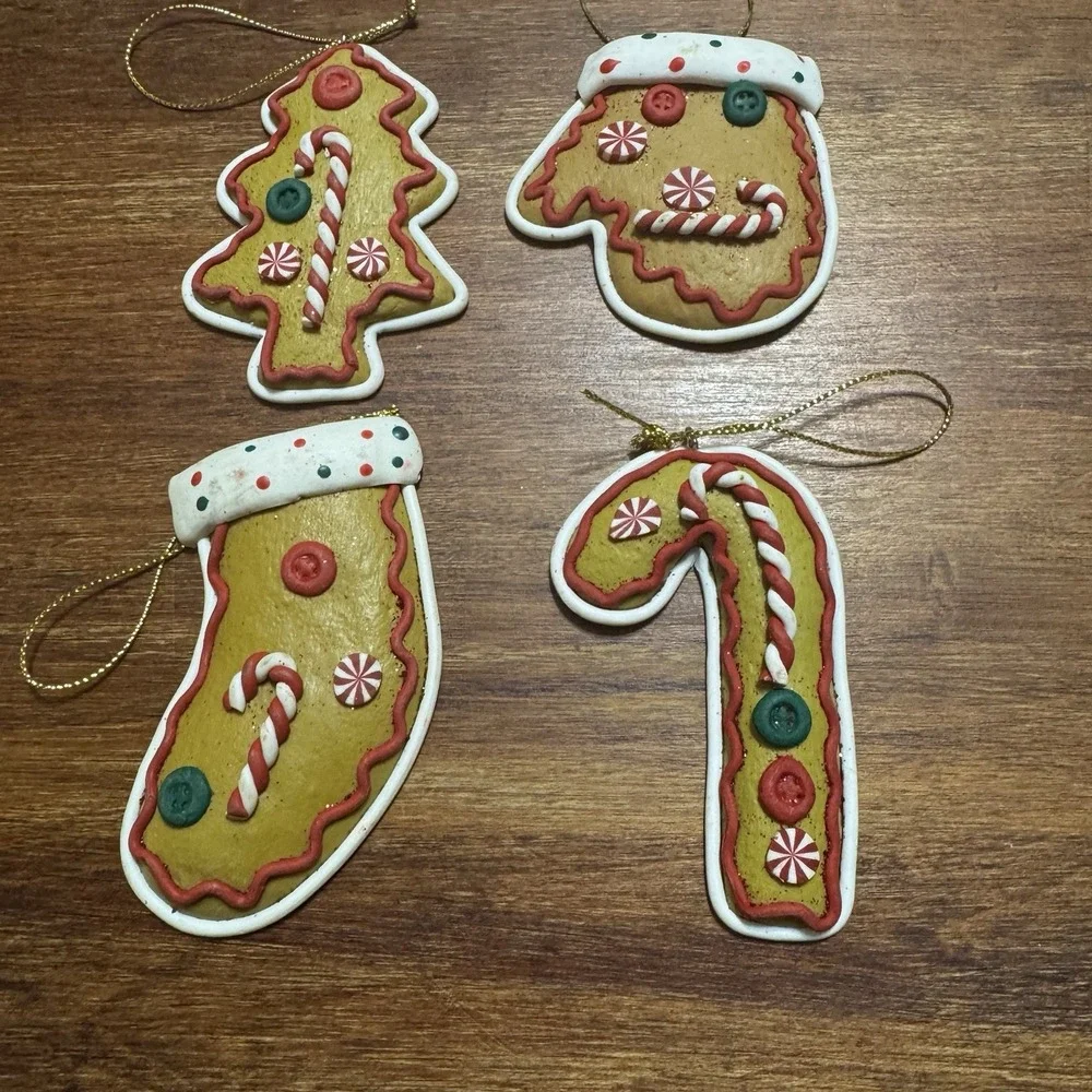 Set Of 4 Christmas Ornaments Handmade Soft Clay - Stocking, Candy Cane,‎ Tree